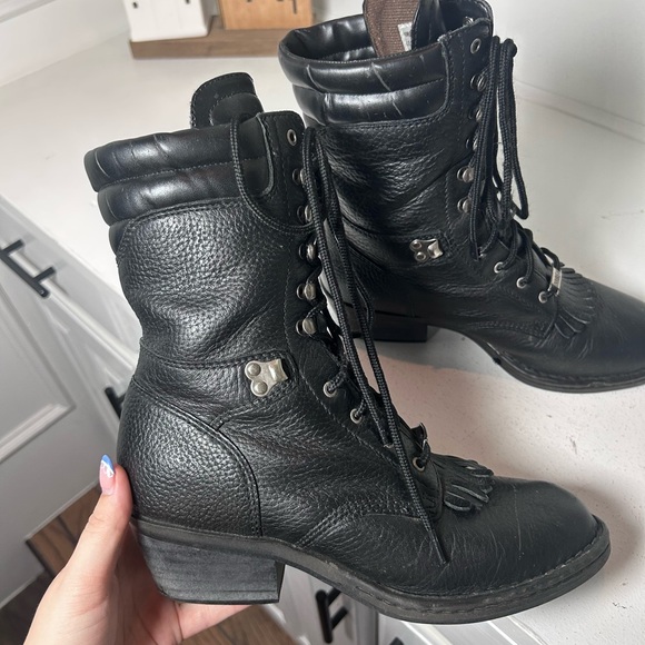 Double H Black Leather Kiltie Lace-Up Western Boots Women's 9.5 Moto Cowboy - Picture 6 of 8